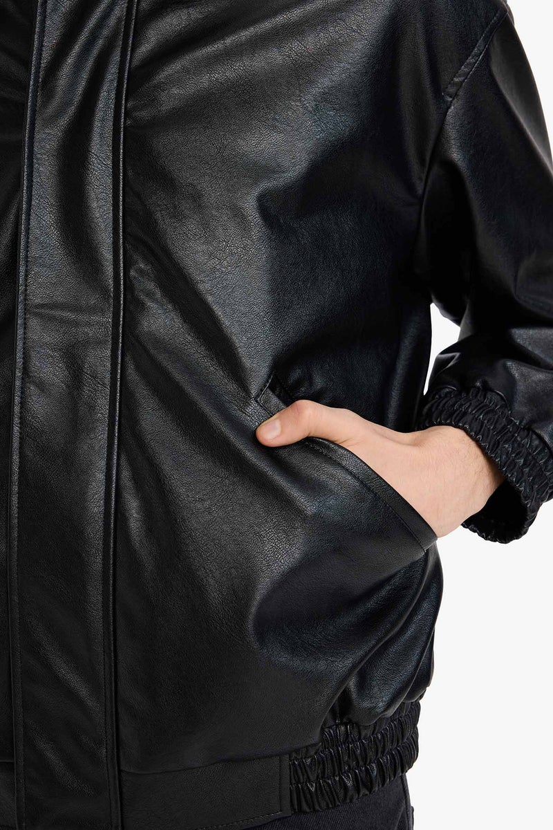 DeFacto Black Man Oversize Fit Shirt Collar Zippered Faux Leather Jacket Casual - Image 4